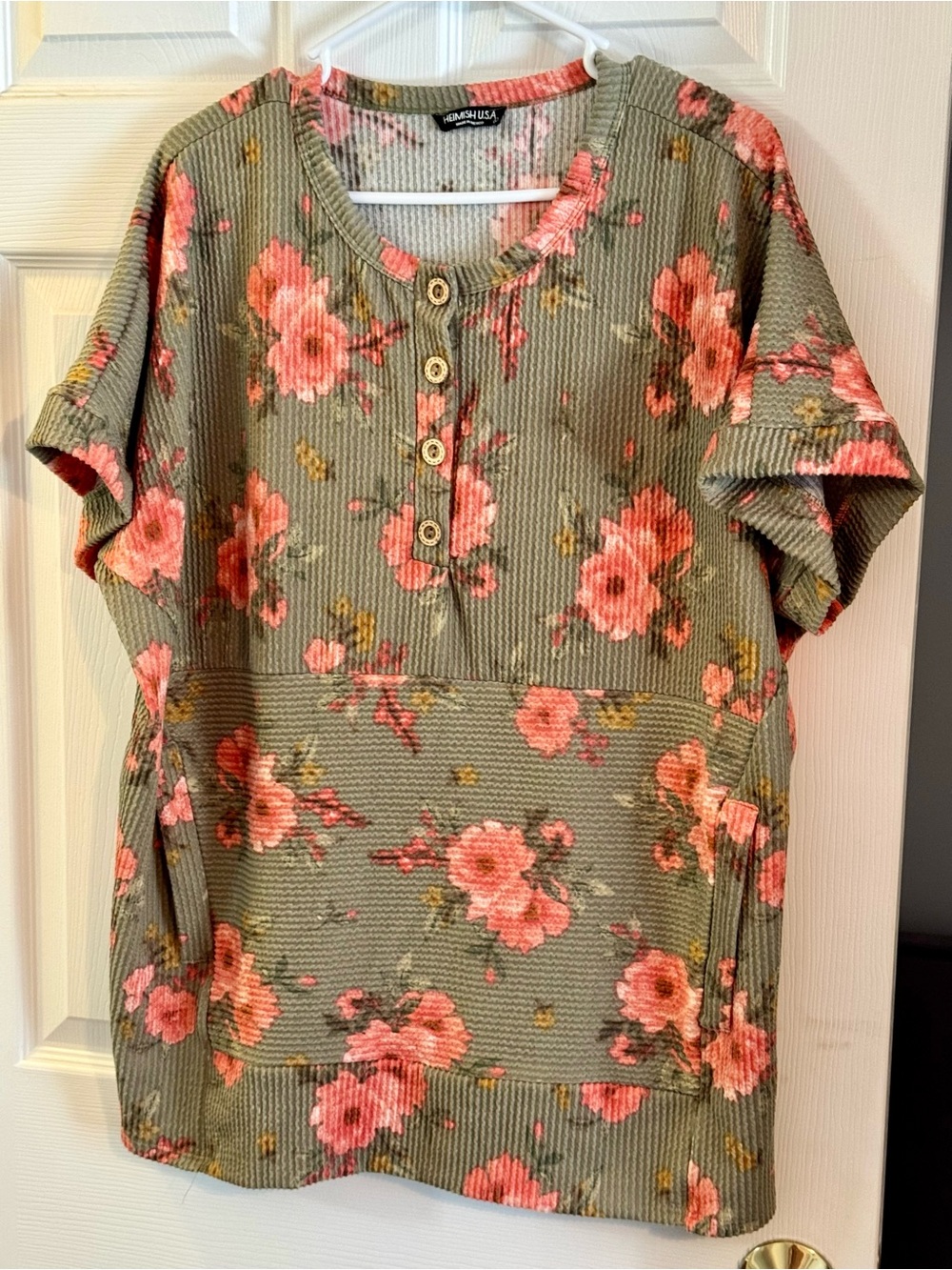 HEIMISH USA Olive Floral Short Sleeve Top with Coral Floral Print